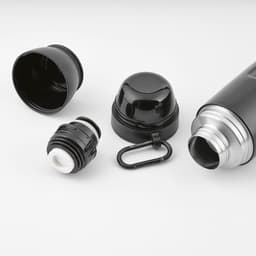 A drink bottle in black, consisting of a thermos body, two cup lids, and a carabiner.