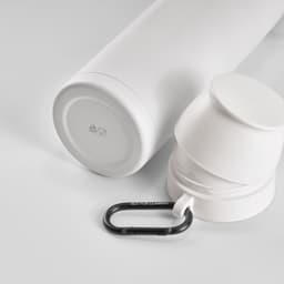 A drink bottle in white, featuring two cups and a carabiner attached. It has a logo on the side.