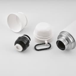 A drink bottle in white and silver, accompanied by two cups and a carabiner, all displayed separately.