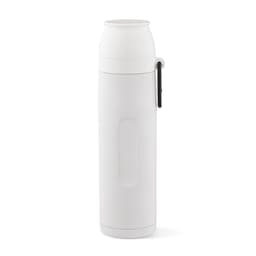 A drink bottle in white, featuring a carabiner and two cups, designed for easy transport.