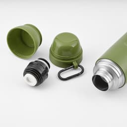 A drink bottle in olive green with a stainless steel body, two cups, and a carabiner attachment.