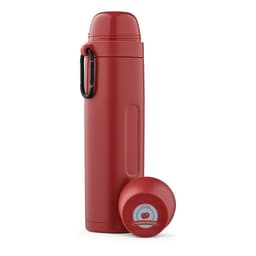 A red thermos with a carabiner, including two matching cups. It features a logo on the lid.