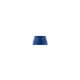 A drink bottle in navy blue, featuring a wide base and a smooth upper rim, with a logo.