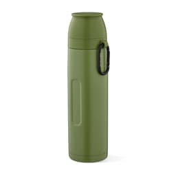 A drink bottle in olive green, featuring a carabiner and two cups included with the thermos. It has a logo.
