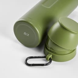 A drink bottle in olive green, with two cups and a black carabiner. It features a branding logo.