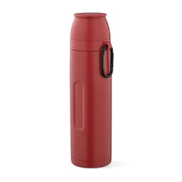 A drink bottle in red with a carabiner and two cups included. Features a sleek and modern design.