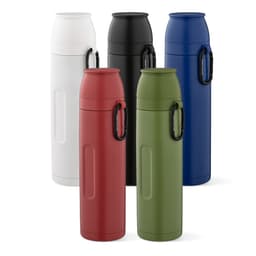 A drink bottle set featuring five Flinders Thermos in white, black, red, blue, and green, each with a carabiner.
