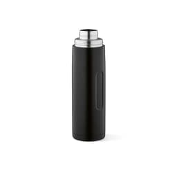 A drink bottle in matte black with a silver lid, featuring a handle and a carabiner. Two cups are included.