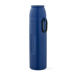 A drink bottle in navy blue with a carabiner and two cups included. Features a logo on the side.
