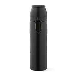 A drink bottle in matte black, featuring a carabiner and two cups, with a logo on the side.