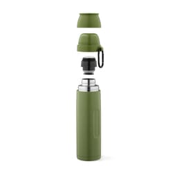 A drink bottle in olive green with a removable lid, carabiner, and two cups. It features a logo.