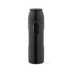 A drink bottle in matte black with a carabiner and two cups included. It has a sleek, modern design.