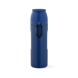 A drink bottle in blue with a carabiner and two cups included. It features a logo.