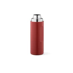A drink bottle in red with a stainless steel cap and a side handle, featuring a logo.