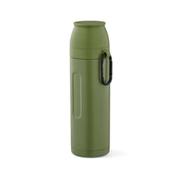 A drink bottle in olive green, featuring a carabiner and two cups. It has a smooth finish and a logo.