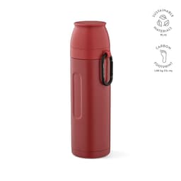 A drink bottle in red, featuring a carabiner and two cups, with a sleek, cylindrical design.