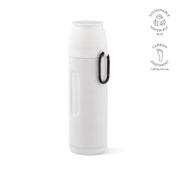 A drink bottle in white with a carabiner, featuring two cups and a branding logo.