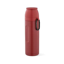 A drink bottle in red with a carabiner and two cups included, featuring a branding logo.