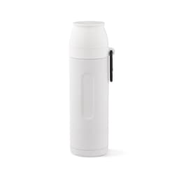A drink bottle in white, featuring a carabiner and two cups included. It has a logo on the side.