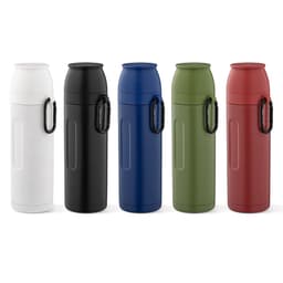 A drink bottle collection features five thermoses in white, black, blue, green, and red, each with a carabiner and branding.