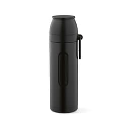 A drink bottle in black, featuring an attached carabiner and two cups. It has a sleek, cylindrical design.