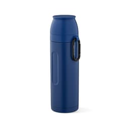 A drink bottle in navy blue with a carabiner, includes two cups and features a logo.