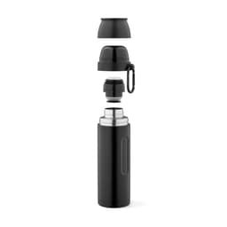 A drink bottle in black, featuring a removable lid, two cups, and a carabiner attachment. It includes a logo.