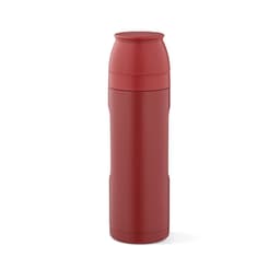 A drink bottle in red, featuring a secure cap, and includes two cups and a carabiner. It has a logo.