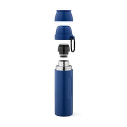 A drink bottle in blue, featuring a detachable lid, a carabiner, and two cups. It includes a logo.