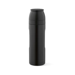 A drink bottle in sleek black with a secure lid, designed with a carabiner and two cups.