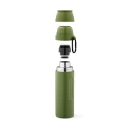 A drink bottle in green with a silver inner, featuring an attached carabiner and an interchangeable lid.