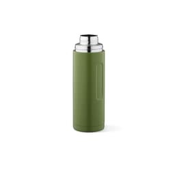 A drink bottle in olive green with a stainless steel top and a handle, accompanied by two cups and a carabiner.