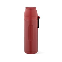 A drink bottle in a vibrant red colour, featuring a carabiner and two cups, with a logo on the side.