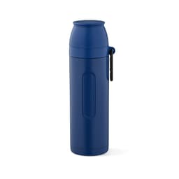 A drink bottle in navy blue, featuring a carabiner and two cups, with a logo visible.