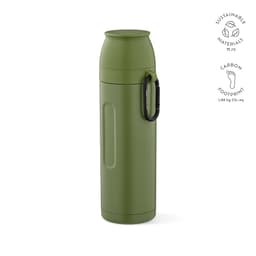 A drink bottle in olive green with a carabiner, featuring a sleek design and two cups included.