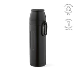 A drink bottle in a sleek black finish, featuring a carabiner and two cups. It has a logo and a textured grip.