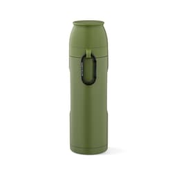 A drink bottle in olive green, featuring a carabiner and designed to hold 810ml, with two cups included.