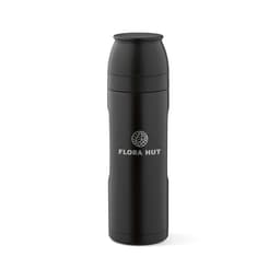 A drink bottle in black with a carabiner, featuring two cups and a logo. It has an 810ml capacity.
