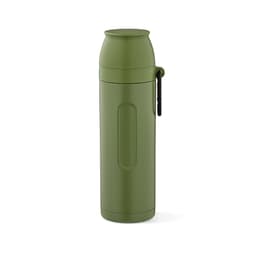 A drink bottle in olive green, featuring a carabiner and two detachable cups. It has a logo on the surface.