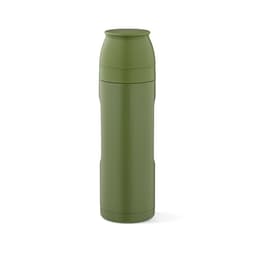 A green drink bottle with a curved cap, featuring two cups and a carabiner attachment. It has a branding logo.