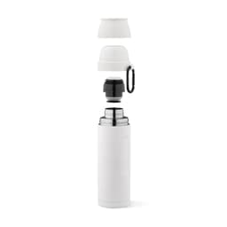 A drink bottle with a white stainless steel body, black lid, two cups, and a carabiner for attachment.