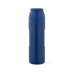 A drink bottle in dark blue, featuring a carabiner and two detachable cups. It has a logo on the side.