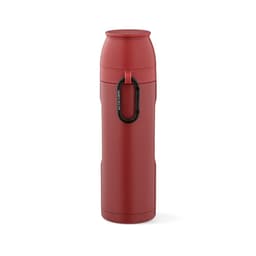 A drink bottle in red, featuring a carabiner and two cups. It has a sleek, cylindrical design and includes branding.