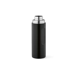A drink bottle in black with a stainless steel top, featuring a handle and a carabiner. Includes two cups.