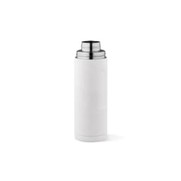 A drink bottle in white with a stainless steel lid and a side handle. It includes two cups and a carabiner.