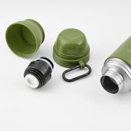 A drink bottle in green with a silver top, two cups, and a carabiner included in the image.