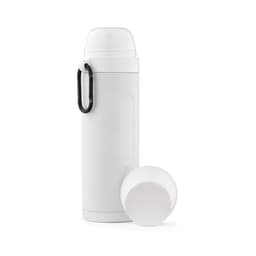 A drink bottle in white with a removable lid and a carabiner, accompanied by two cups.