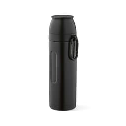 A drink bottle in black, featuring a carabiner and two cups, ideal for outdoor use.