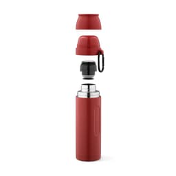 A drink bottle in red with a carabiner, consisting of a main body and detachable caps. It includes two cups.