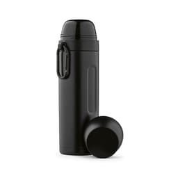 A drink bottle in black, featuring a carabiner and two cups, designed for holding 810ml.